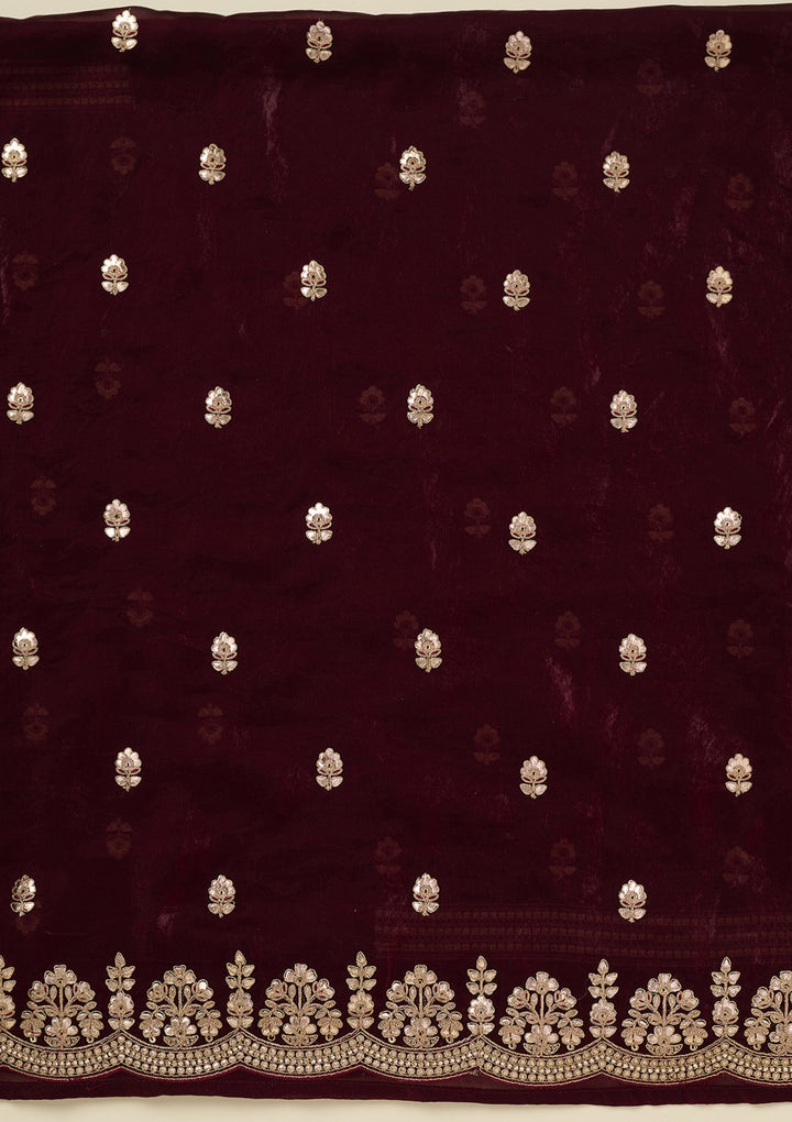 Dark Maroon Organza Gotapatti Unstitched Dress Material With Matching Bottom And Dupatta