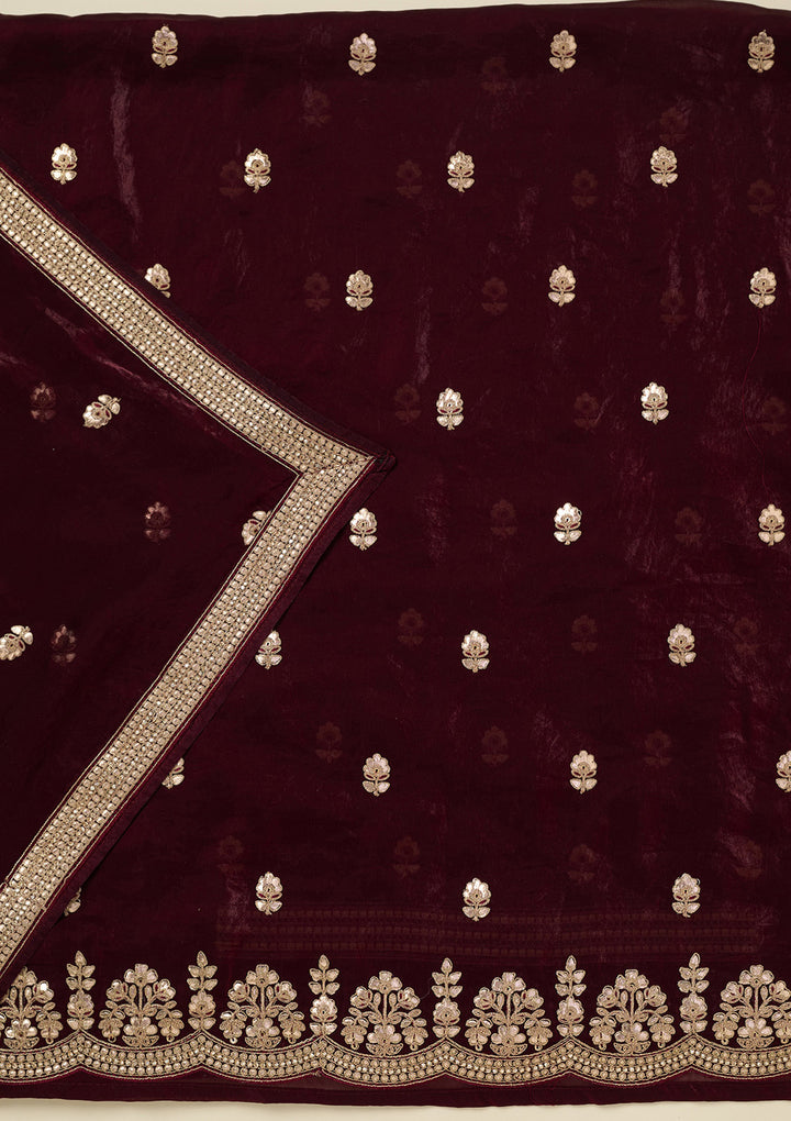 Dark Maroon Organza Gotapatti Unstitched Dress Material With Matching Bottom And Dupatta