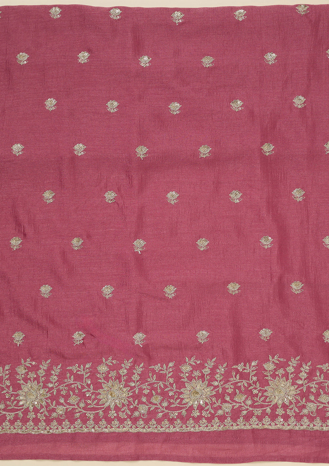 Onion Pink Soft Raw Silk Silver Zariwork Unstitched Dress Material With Matching Bottom And Dupatta