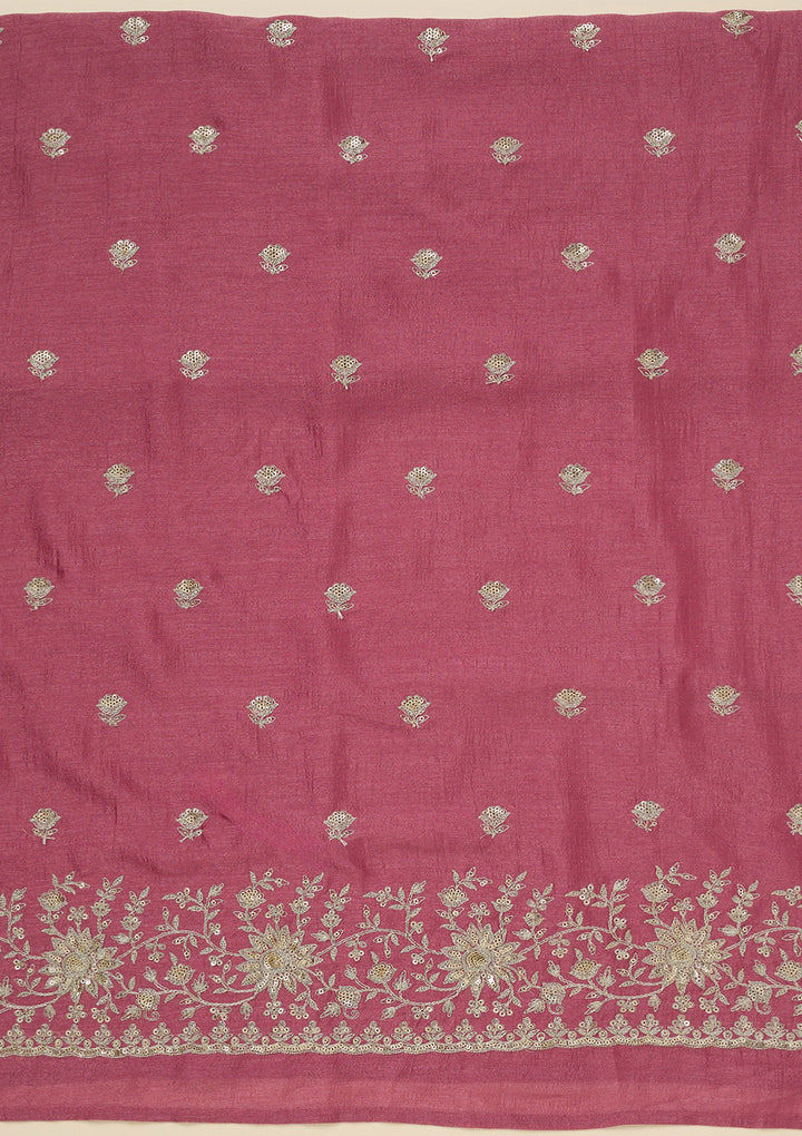 Onion Pink Soft Raw Silk Silver Zariwork Unstitched Dress Material With Matching Bottom And Dupatta