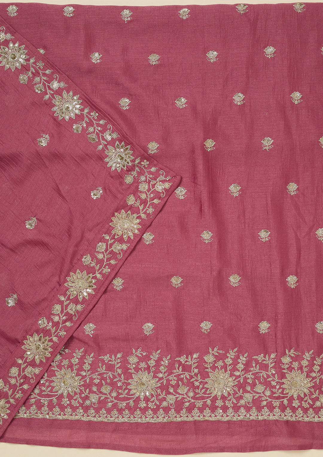 Onion Pink Soft Raw Silk Silver Zariwork Unstitched Dress Material With Matching Bottom And Dupatta
