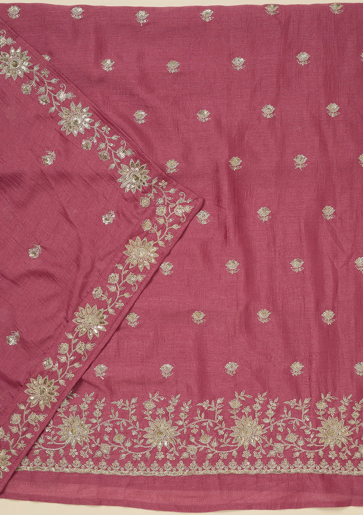 Onion Pink Soft Raw Silk Silver Zariwork Unstitched Dress Material With Matching Bottom And Dupatta