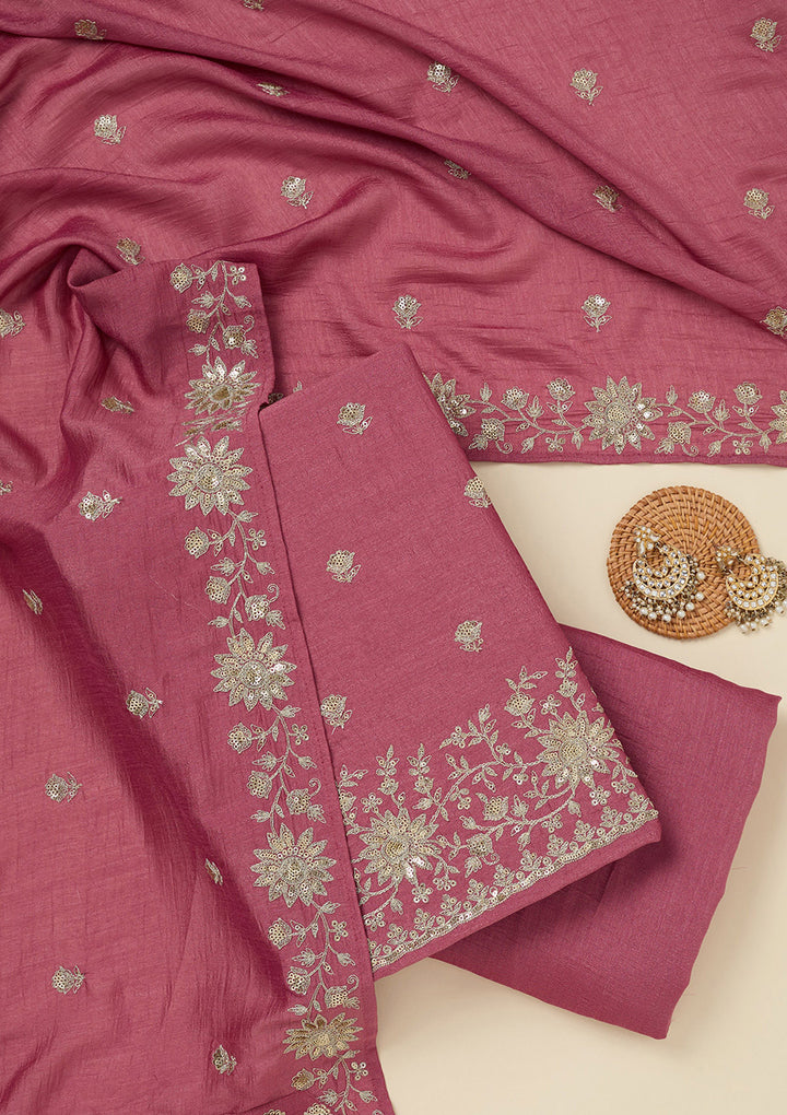 Onion Pink Soft Raw Silk Silver Zariwork Unstitched Dress Material With Matching Bottom And Dupatta