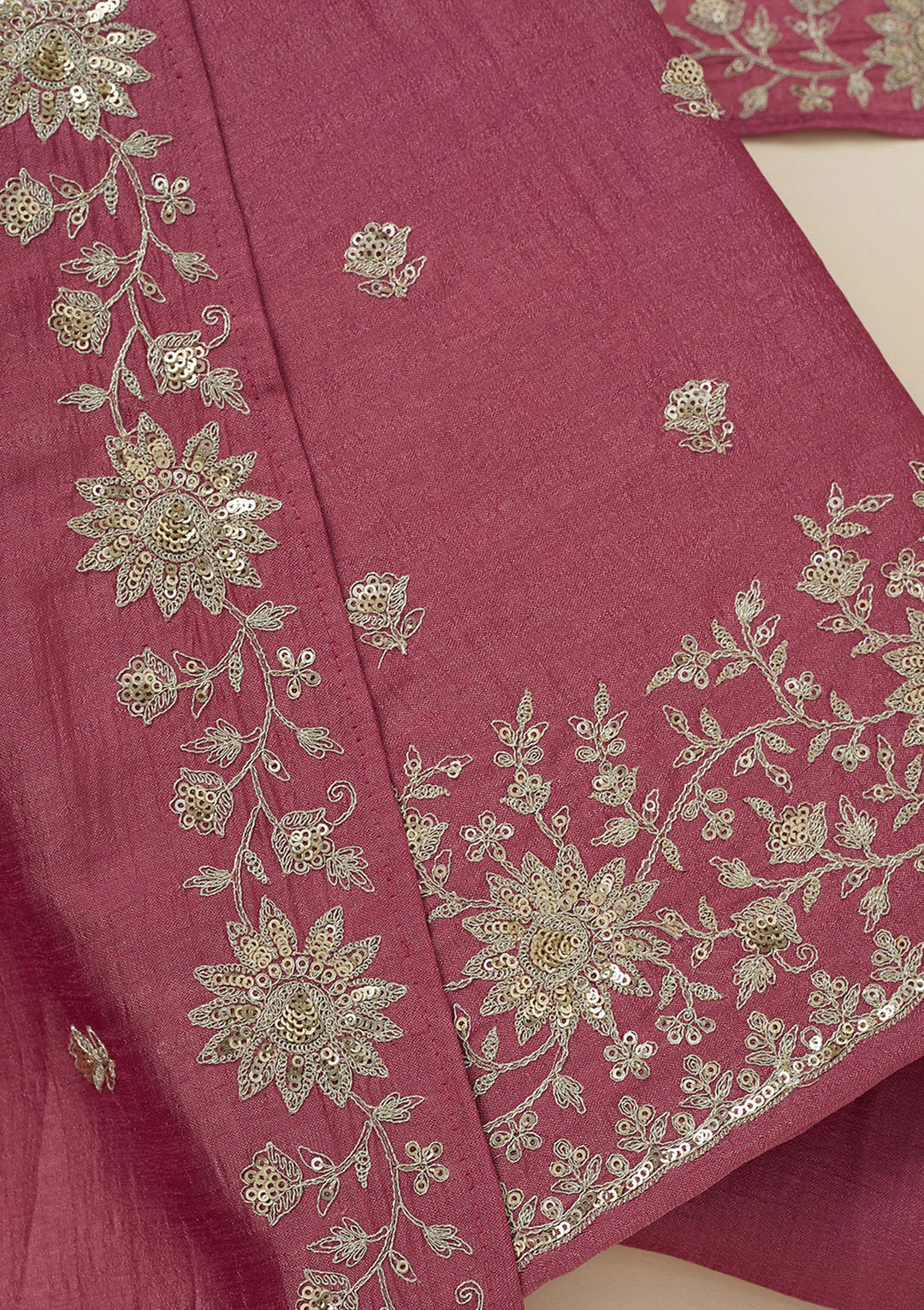 Onion Pink Soft Raw Silk Silver Zariwork Unstitched Dress Material With Matching Bottom And Dupatta