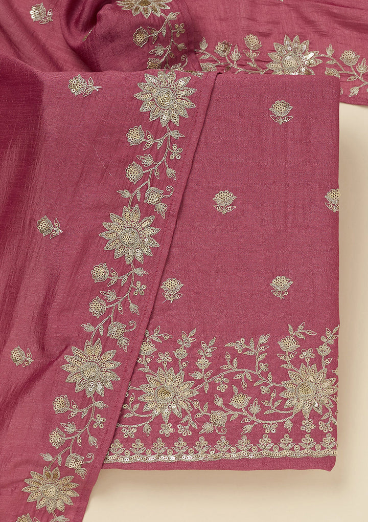 Onion Pink Soft Raw Silk Silver Zariwork Unstitched Dress Material With Matching Bottom And Dupatta