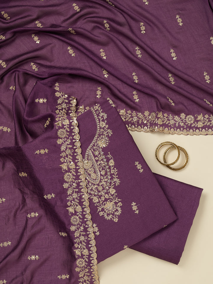 Dark Lavender Soft Raw Silk Gold Zariwork Unstitched Dress Material With Matching Bottom And Dupatta