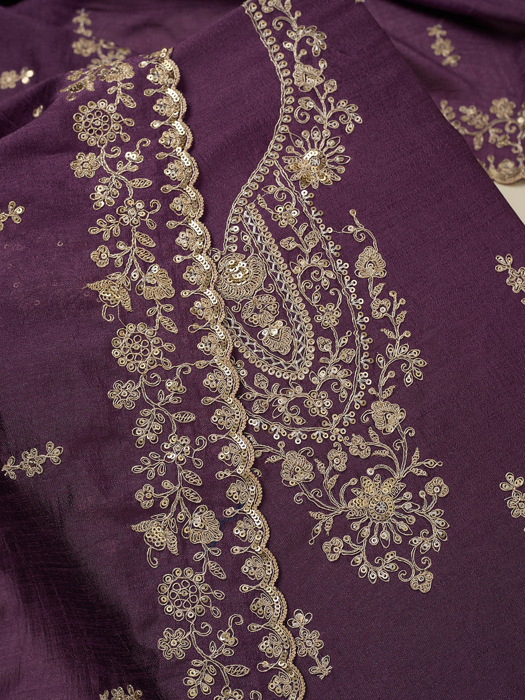 Dark Lavender Soft Raw Silk Gold Zariwork Unstitched Dress Material With Matching Bottom And Dupatta