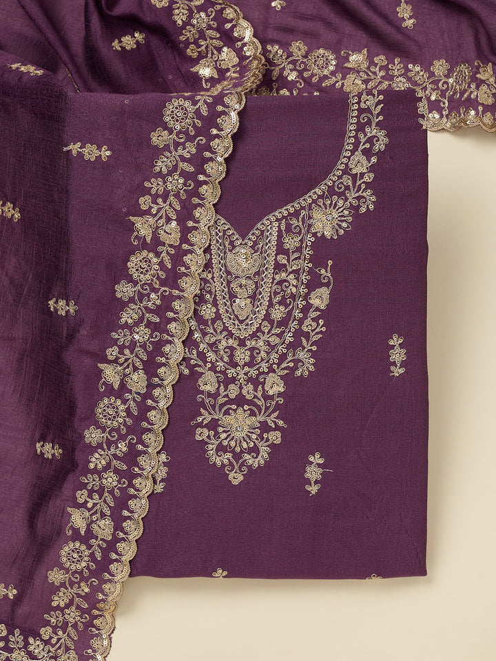 Dark Lavender Soft Raw Silk Gold Zariwork Unstitched Dress Material With Matching Bottom And Dupatta