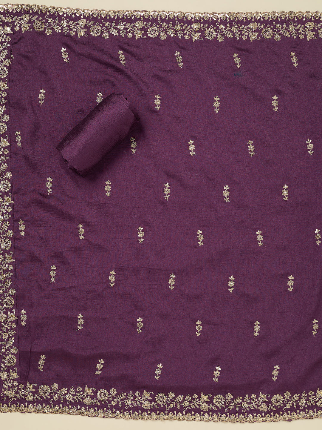 Dark Lavender Soft Raw Silk Gold Zariwork Unstitched Dress Material With Matching Bottom And Dupatta