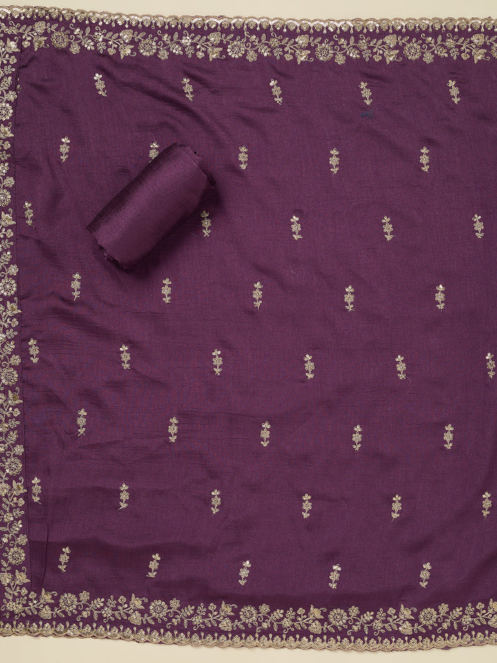 Dark Lavender Soft Raw Silk Gold Zariwork Unstitched Dress Material With Matching Bottom And Dupatta
