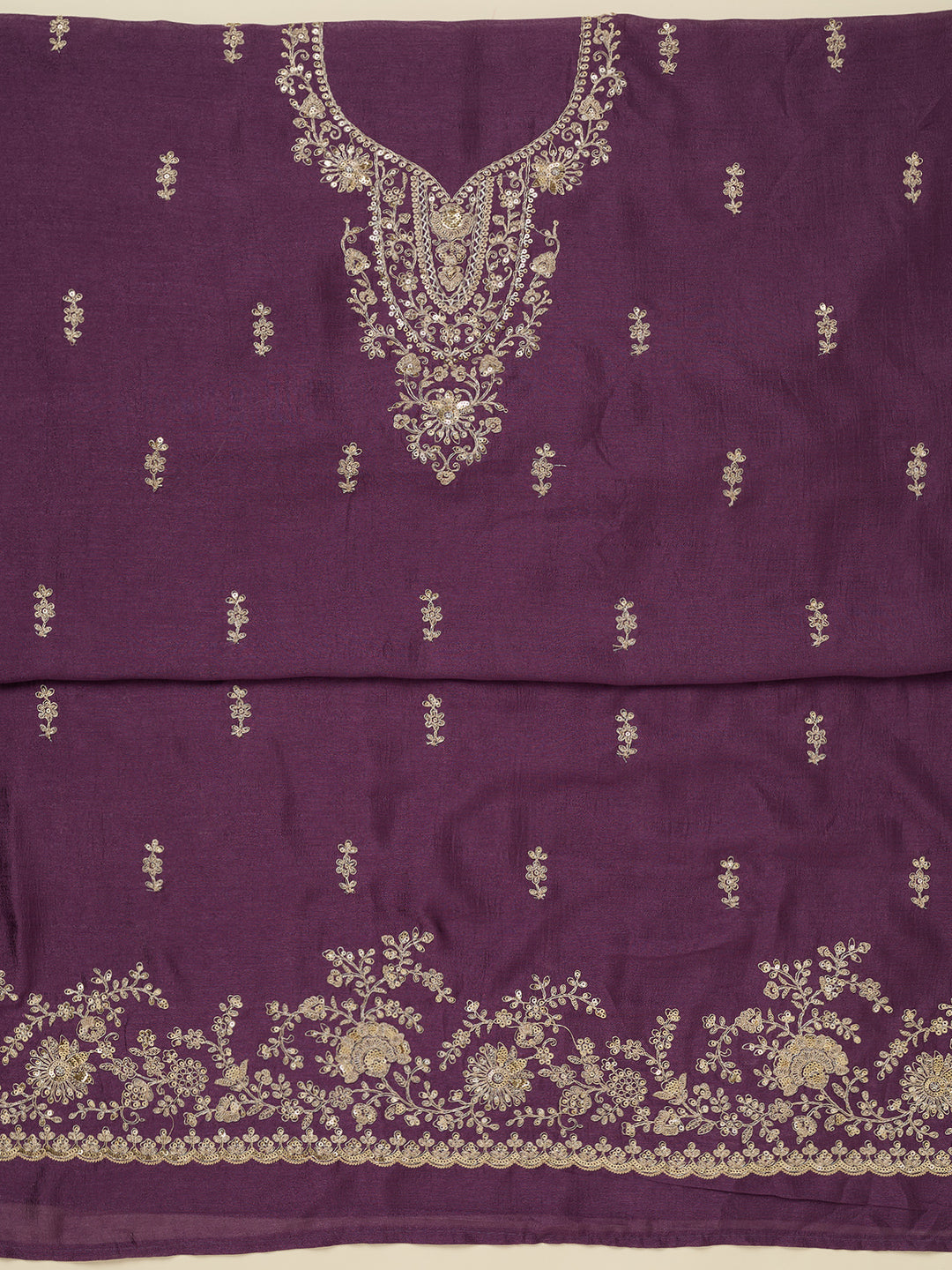Dark Lavender Soft Raw Silk Gold Zariwork Unstitched Dress Material With Matching Bottom And Dupatta