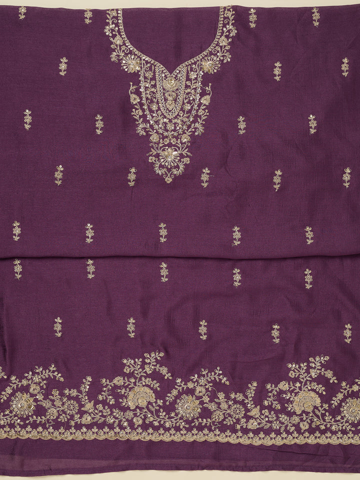 Dark Lavender Soft Raw Silk Gold Zariwork Unstitched Dress Material With Matching Bottom And Dupatta