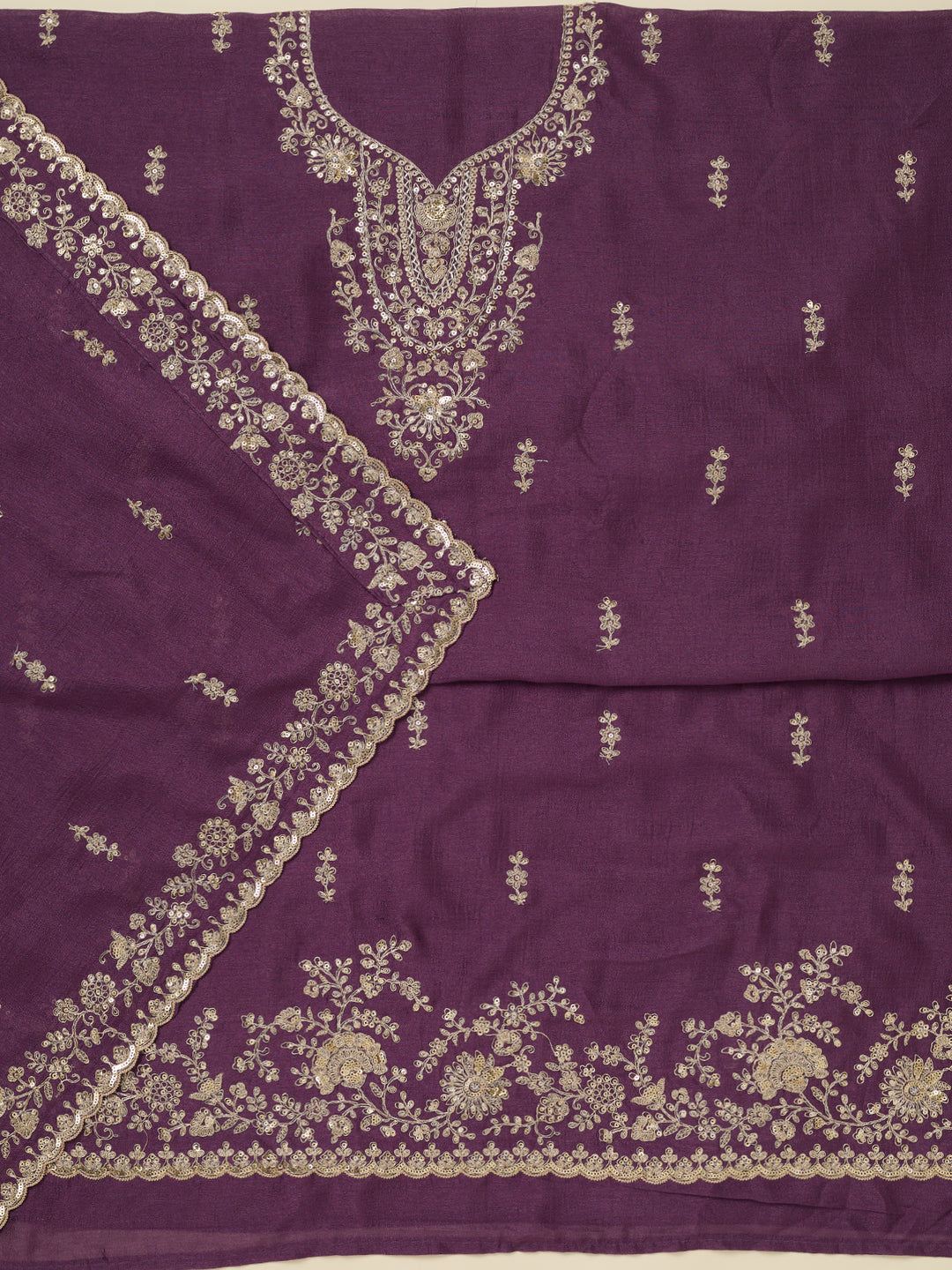 Dark Lavender Soft Raw Silk Gold Zariwork Unstitched Dress Material With Matching Bottom And Dupatta