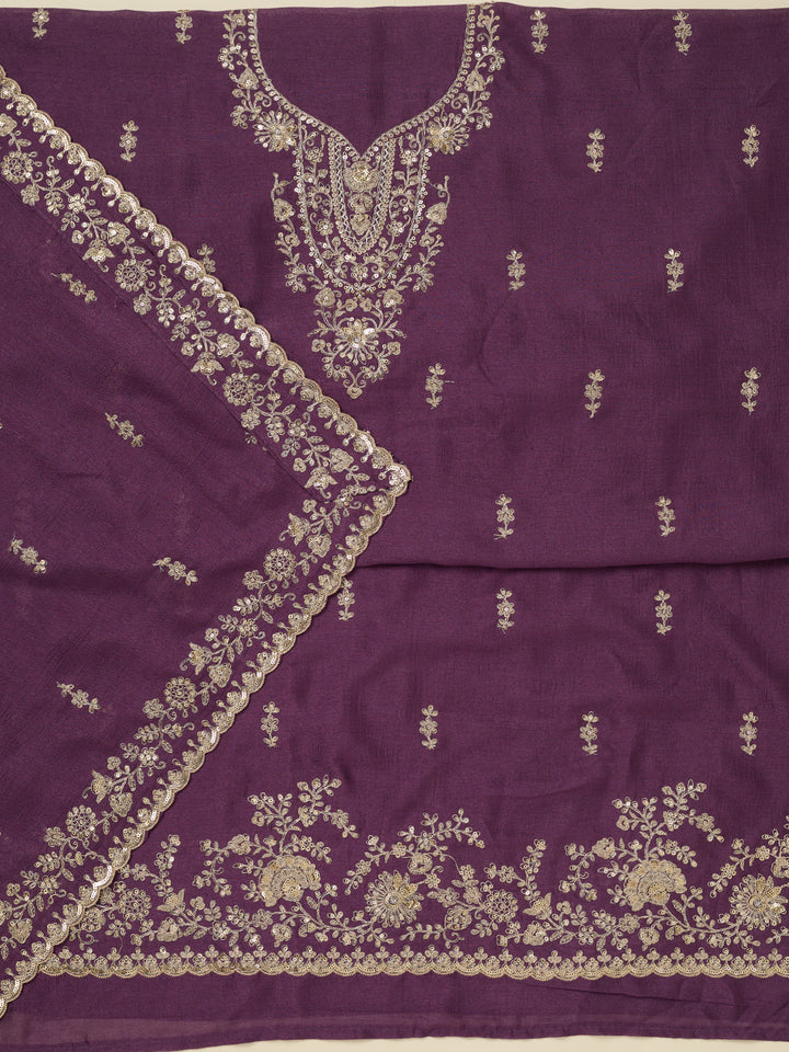Dark Lavender Soft Raw Silk Gold Zariwork Unstitched Dress Material With Matching Bottom And Dupatta