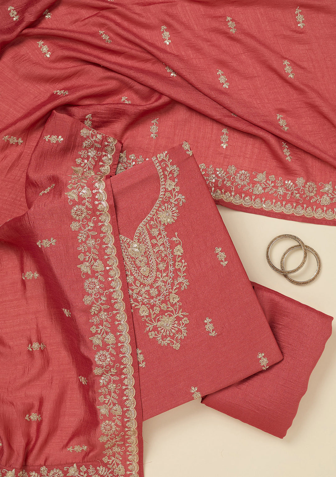 Rust Soft Raw Silk Gold Zariwork Unstitched Dress Material With Matching Bottom And Dupatta