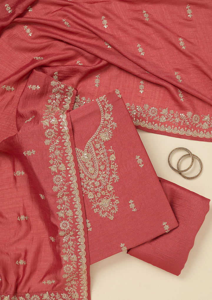 Rust Soft Raw Silk Gold Zariwork Unstitched Dress Material With Matching Bottom And Dupatta