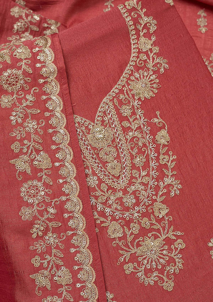 Rust Soft Raw Silk Gold Zariwork Unstitched Dress Material With Matching Bottom And Dupatta