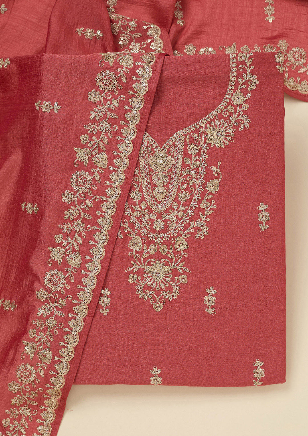 Rust Soft Raw Silk Gold Zariwork Unstitched Dress Material With Matching Bottom And Dupatta