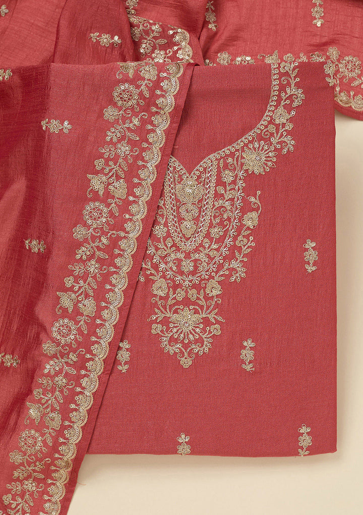 Rust Soft Raw Silk Gold Zariwork Unstitched Dress Material With Matching Bottom And Dupatta