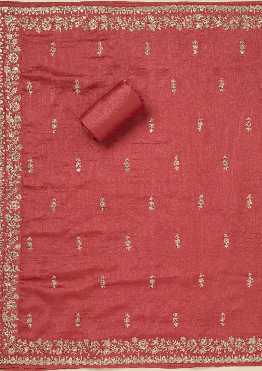 Rust Soft Raw Silk Gold Zariwork Unstitched Dress Material With Matching Bottom And Dupatta