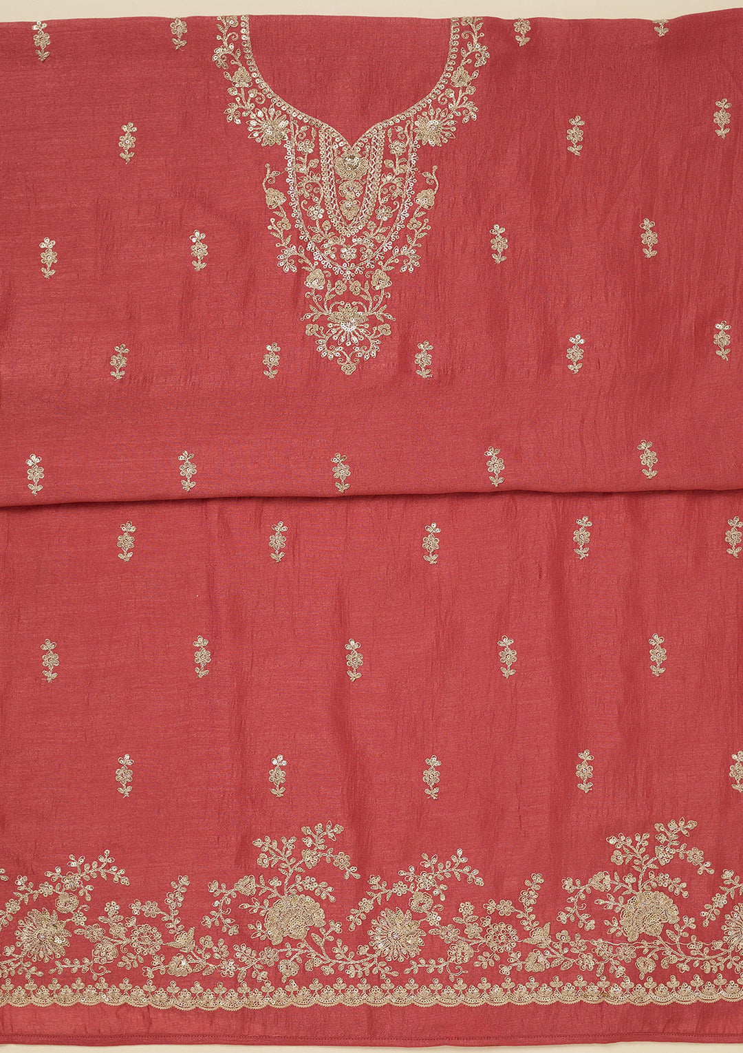Rust Soft Raw Silk Gold Zariwork Unstitched Dress Material With Matching Bottom And Dupatta
