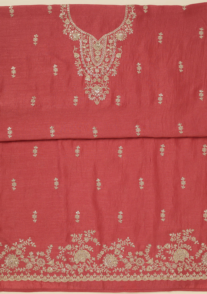 Rust Soft Raw Silk Gold Zariwork Unstitched Dress Material With Matching Bottom And Dupatta