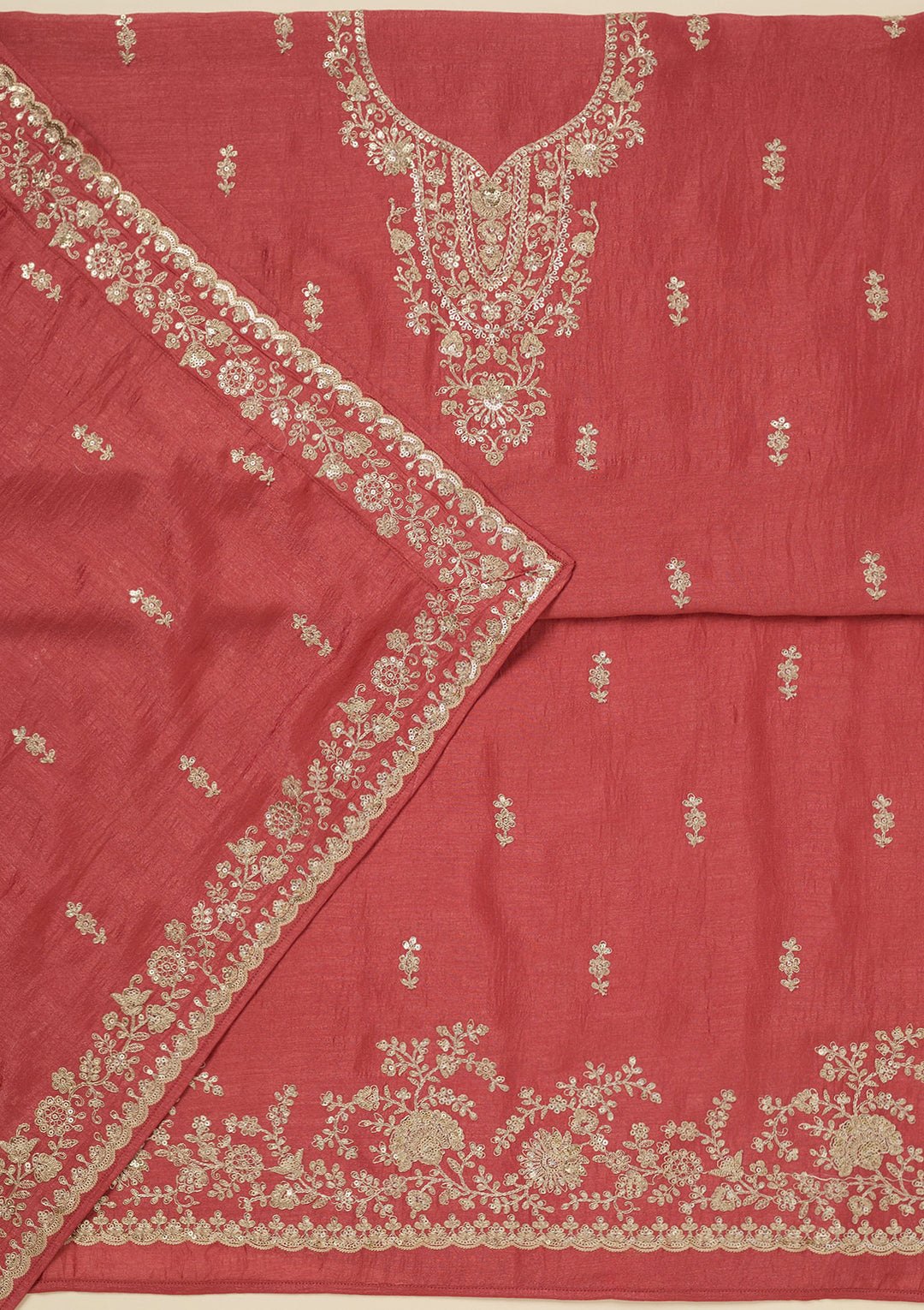 Rust Soft Raw Silk Gold Zariwork Unstitched Dress Material With Matching Bottom And Dupatta