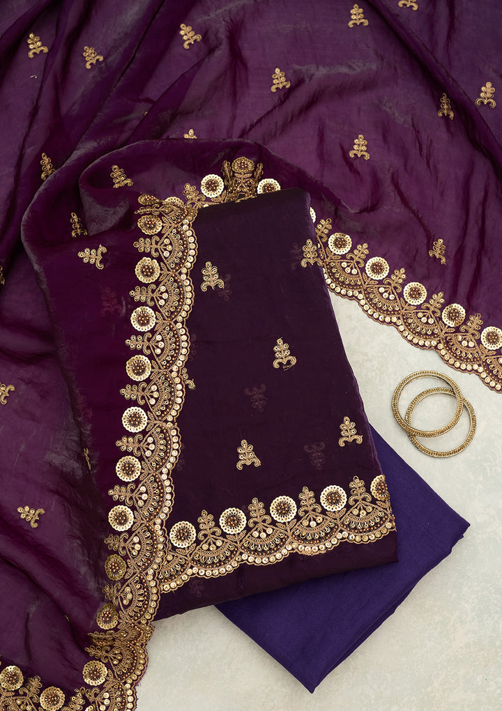 Purple Organza Cording Unstitched Dress Material With Matching Bottom And Dupatta