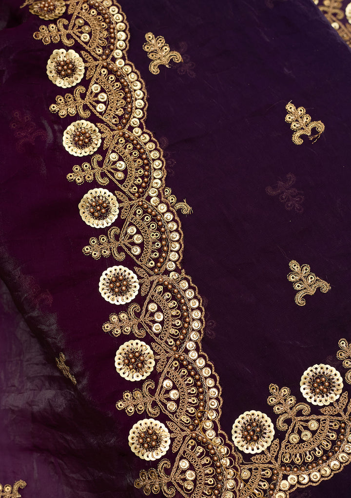 Purple Organza Cording Unstitched Dress Material With Matching Bottom And Dupatta