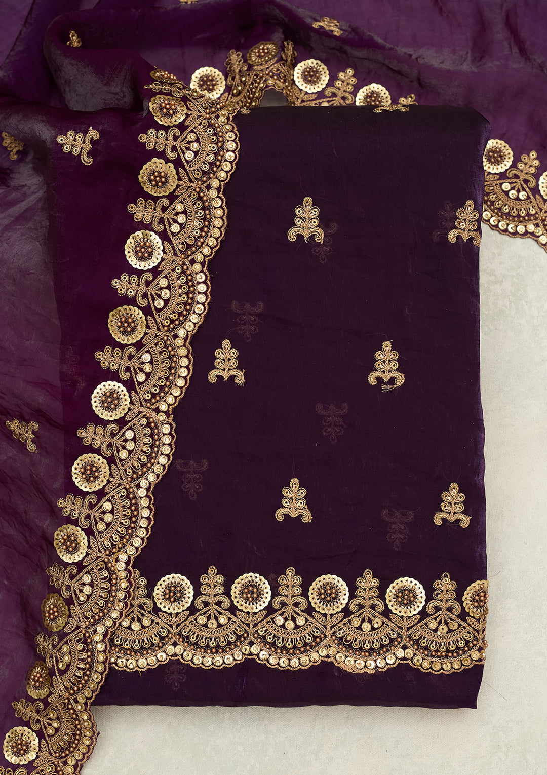 Purple Organza Cording Unstitched Dress Material With Matching Bottom And Dupatta