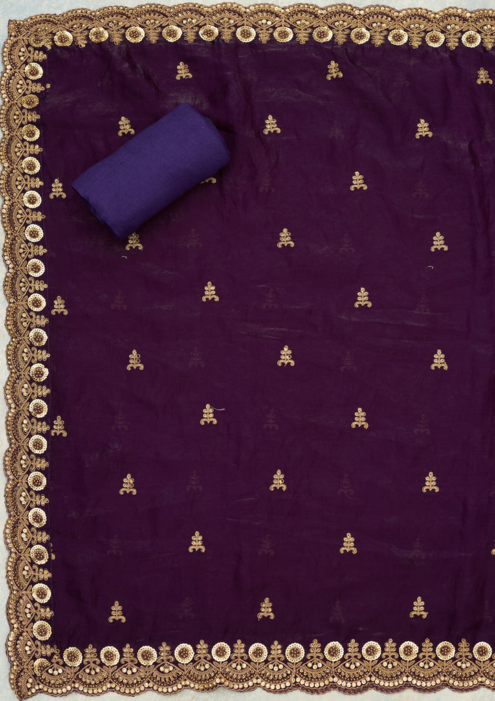 Purple Organza Cording Unstitched Dress Material With Matching Bottom And Dupatta