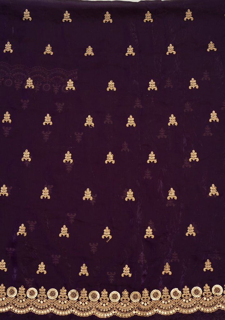Purple Organza Cording Unstitched Dress Material With Matching Bottom And Dupatta
