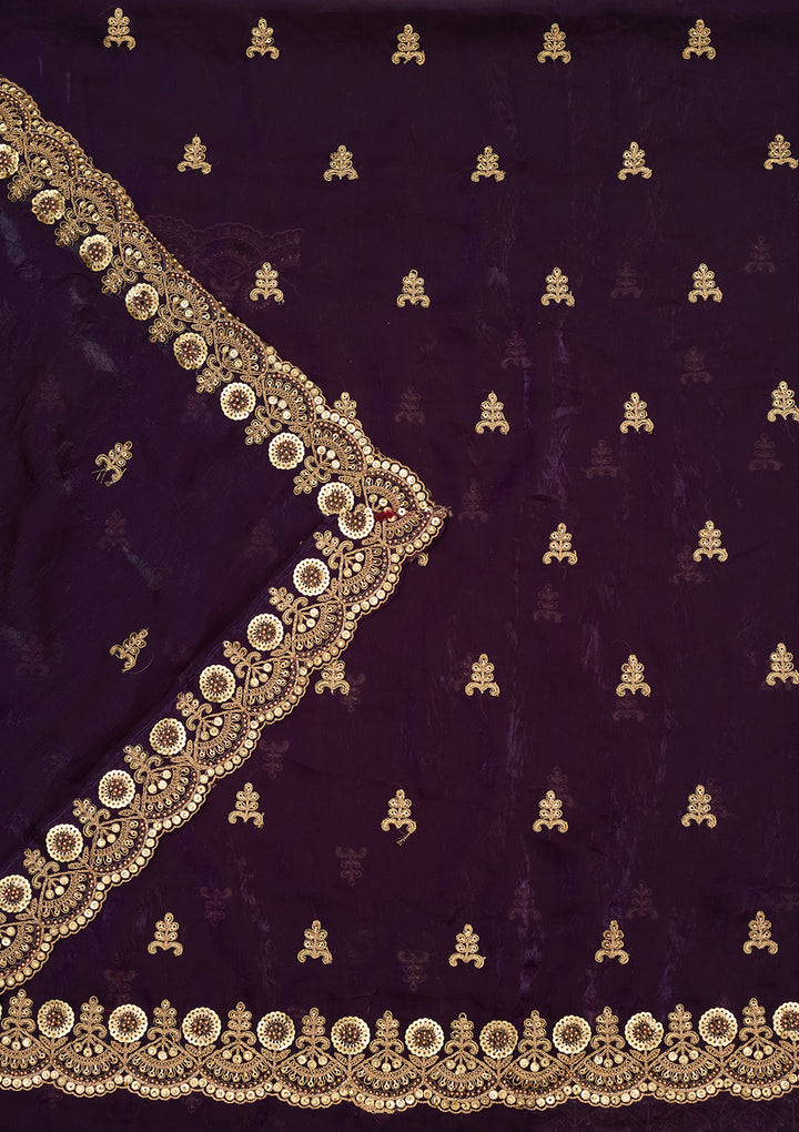 Purple Organza Cording Unstitched Dress Material With Matching Bottom And Dupatta