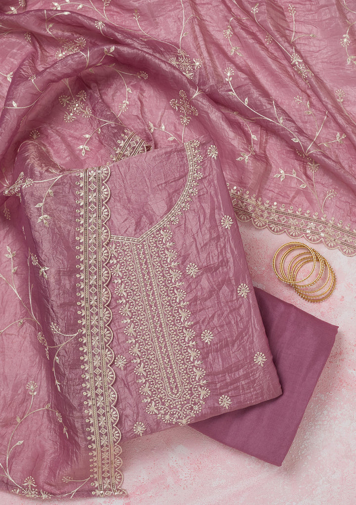 Onion Pink Tissue Threadwork Unstitched Dress Material With Matching Bottom And Dupatta