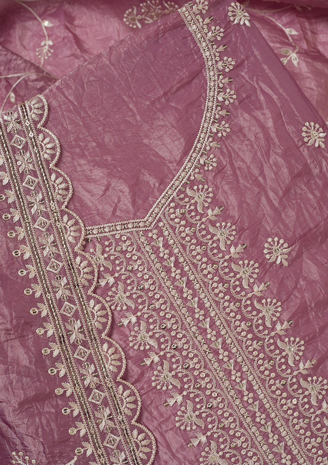 Onion Pink Tissue Threadwork Unstitched Dress Material With Matching Bottom And Dupatta