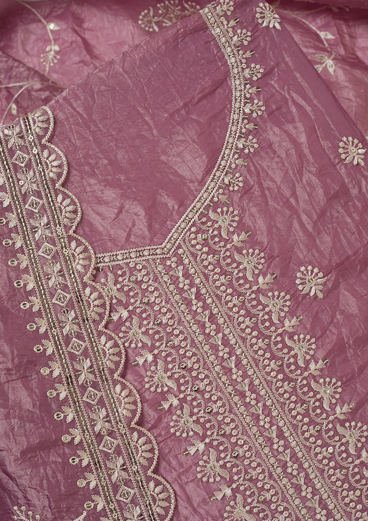 Onion Pink Tissue Threadwork Unstitched Dress Material With Matching Bottom And Dupatta