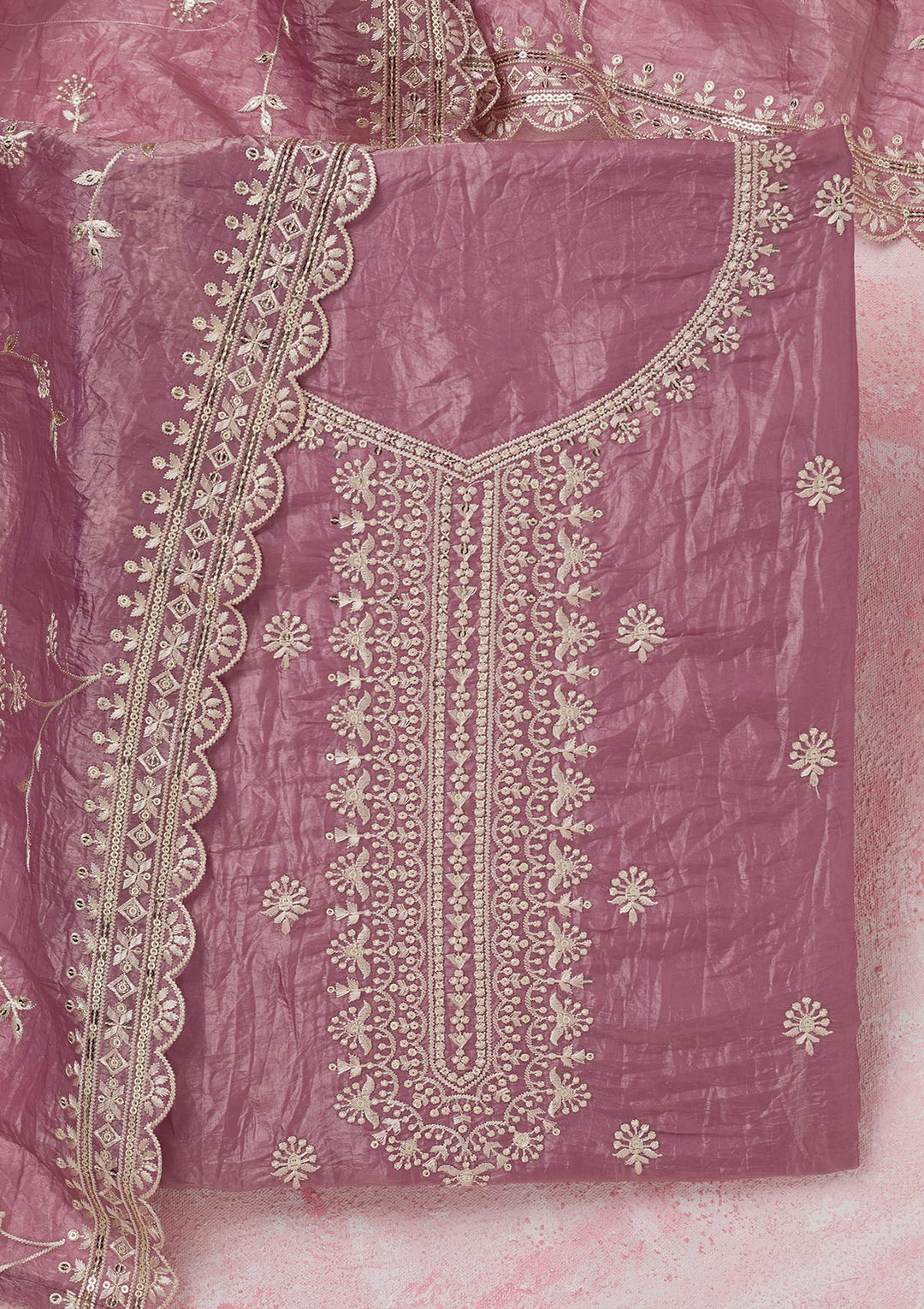 Onion Pink Tissue Threadwork Unstitched Dress Material With Matching Bottom And Dupatta