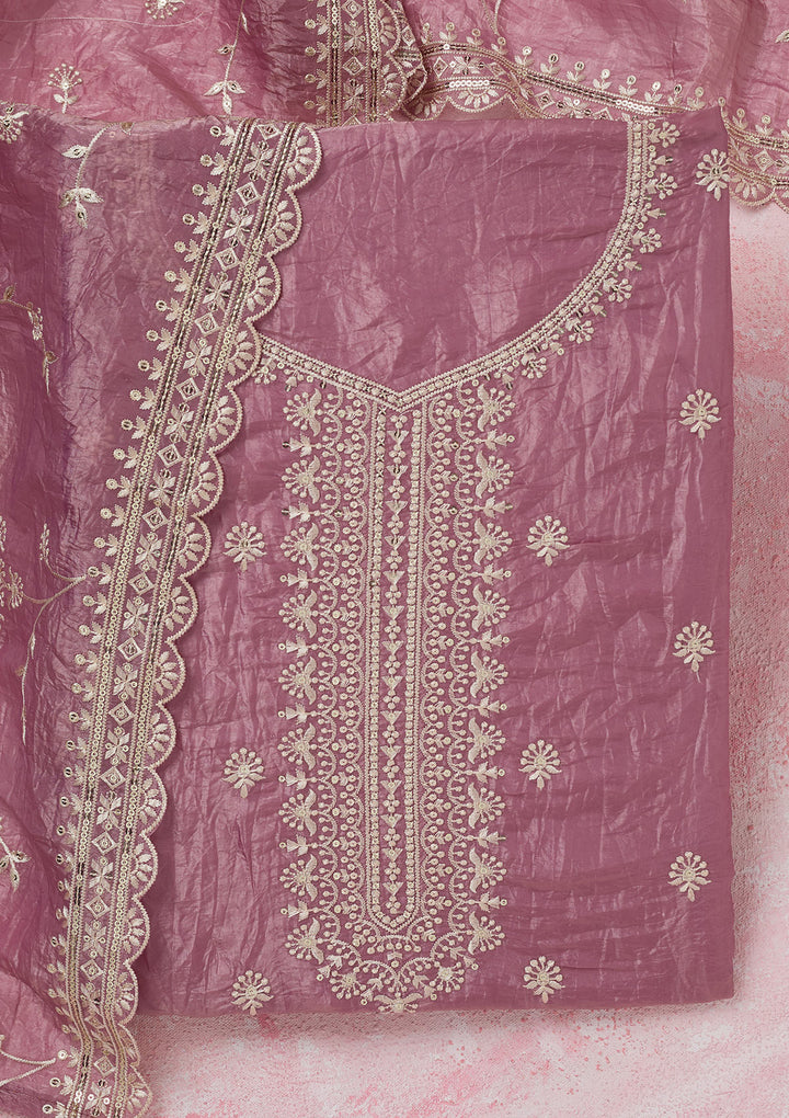 Onion Pink Tissue Threadwork Unstitched Dress Material With Matching Bottom And Dupatta