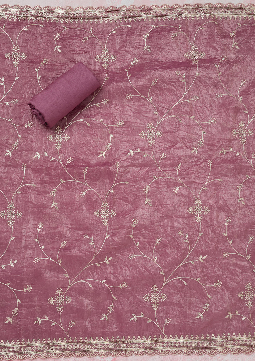 Onion Pink Tissue Threadwork Unstitched Dress Material With Matching Bottom And Dupatta