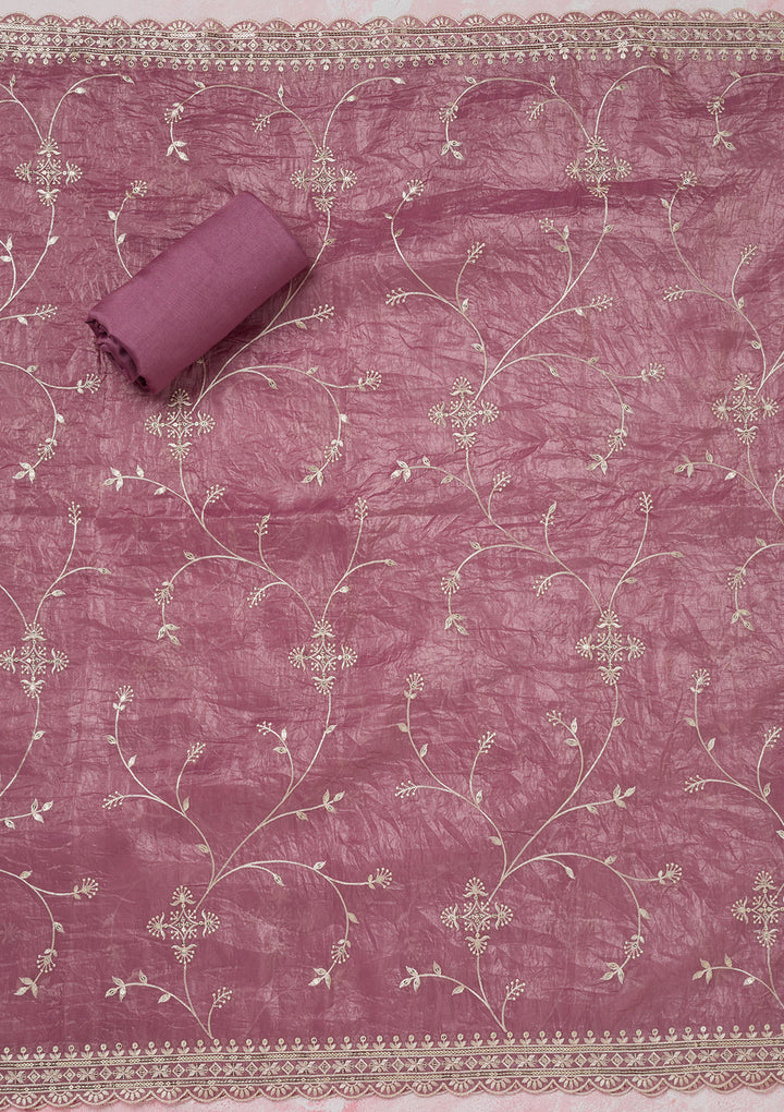 Onion Pink Tissue Threadwork Unstitched Dress Material With Matching Bottom And Dupatta