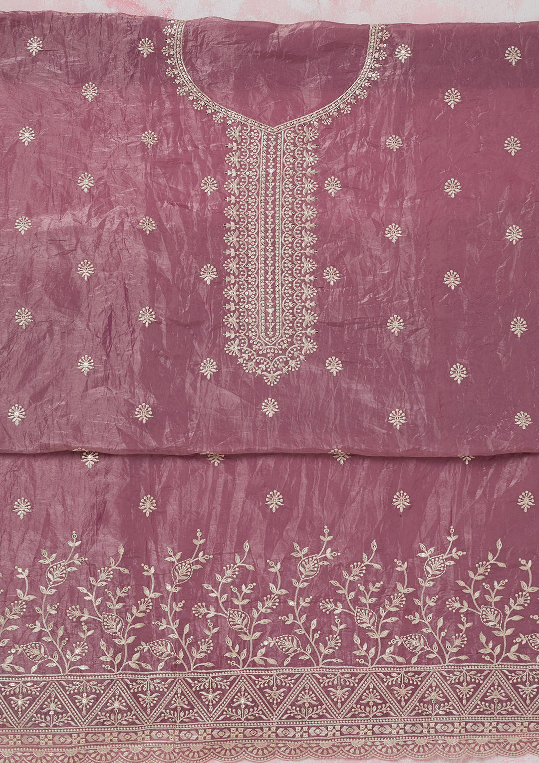 Onion Pink Tissue Threadwork Unstitched Dress Material With Matching Bottom And Dupatta