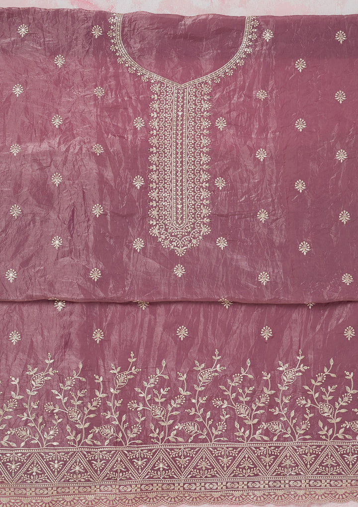 Onion Pink Tissue Threadwork Unstitched Dress Material With Matching Bottom And Dupatta