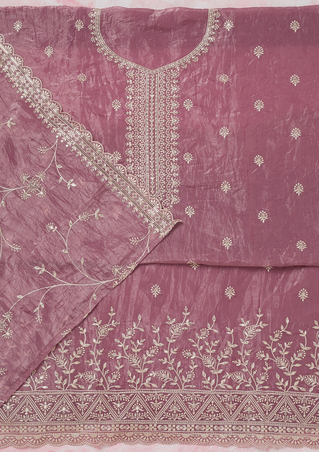 Onion Pink Tissue Threadwork Unstitched Dress Material With Matching Bottom And Dupatta