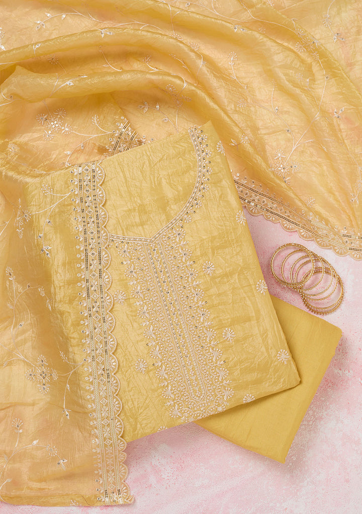 Yellow Tissue Threadwork Unstitched Dress Material With Matching Bottom And Dupatta