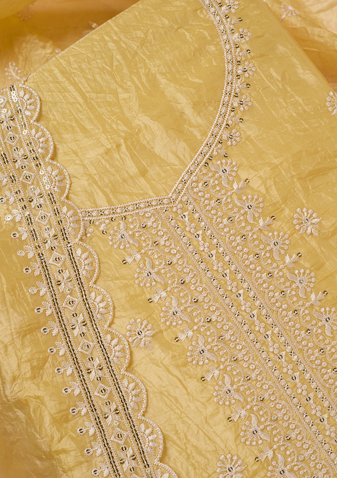 Yellow Tissue Threadwork Unstitched Dress Material With Matching Bottom And Dupatta