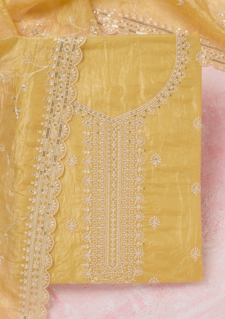 Yellow Tissue Threadwork Unstitched Dress Material With Matching Bottom And Dupatta