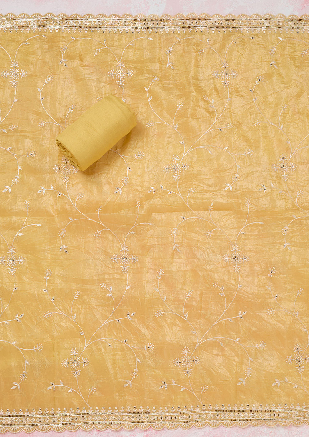 Yellow Tissue Threadwork Unstitched Dress Material With Matching Bottom And Dupatta