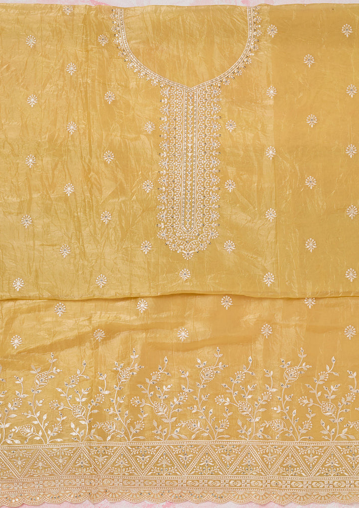 Yellow Tissue Threadwork Unstitched Dress Material With Matching Bottom And Dupatta
