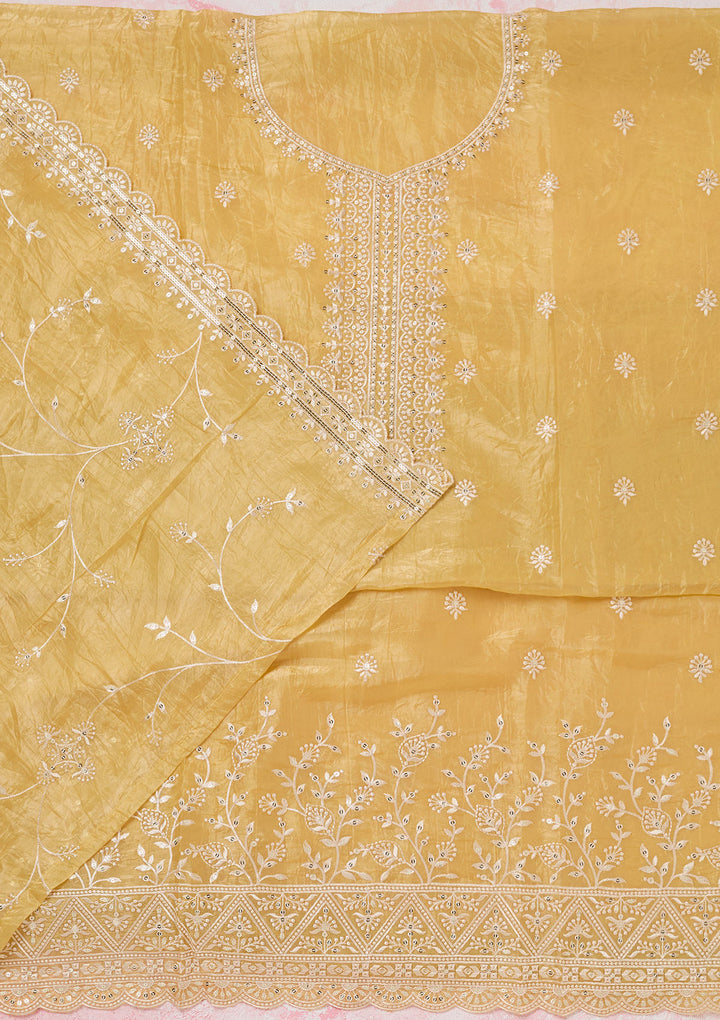 Yellow Tissue Threadwork Unstitched Dress Material With Matching Bottom And Dupatta