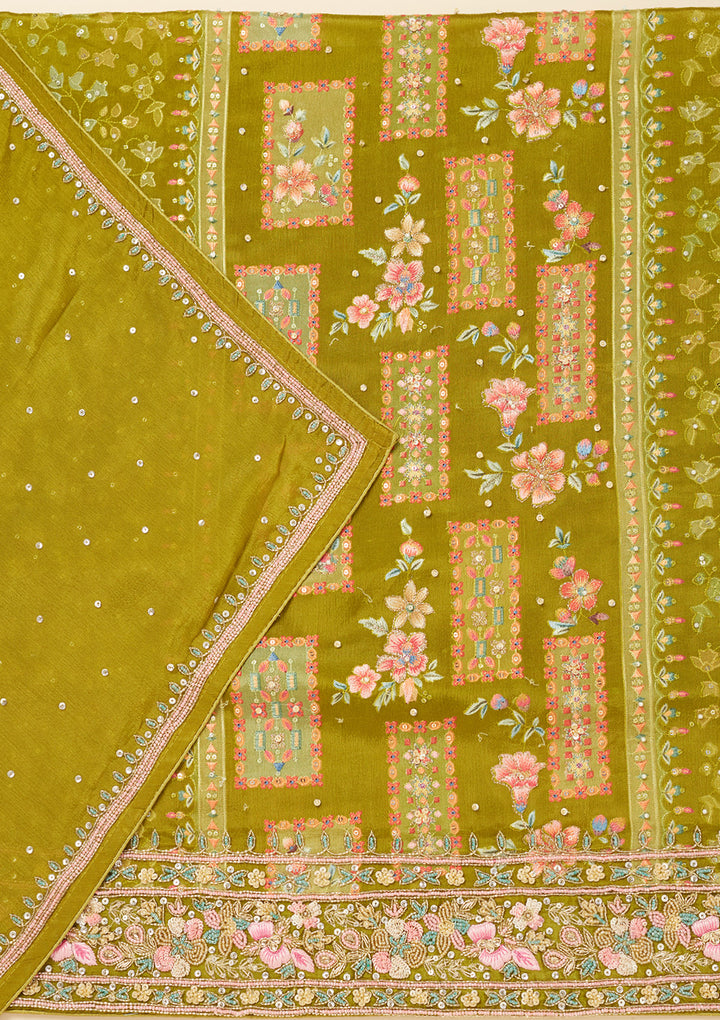 Mehandi Green Stonework (Silver) Semi Crepe Unstitched Salwar Suit